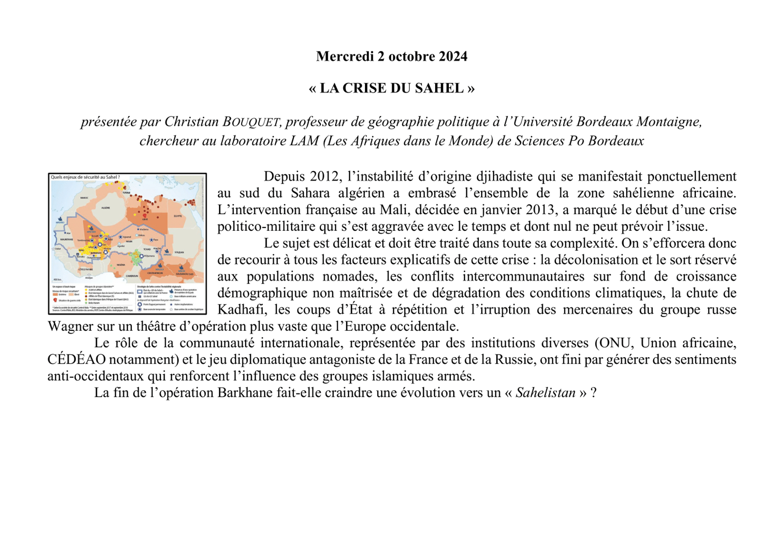 Conférence UTL : « LA CRISE DU SAHEL »