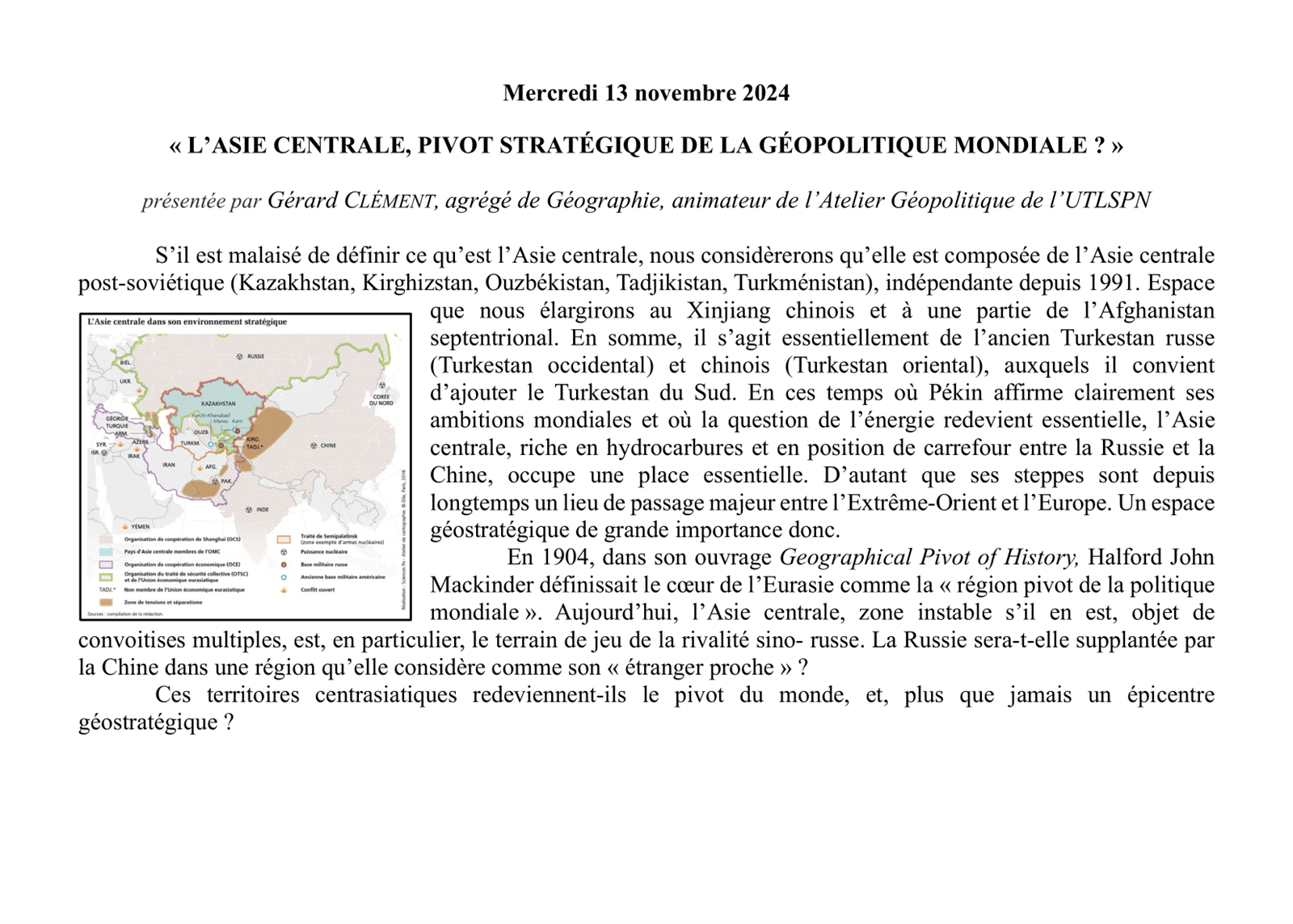 Conférence UTL : « L’ASIE CENTRALE, PIVOT STRA ...