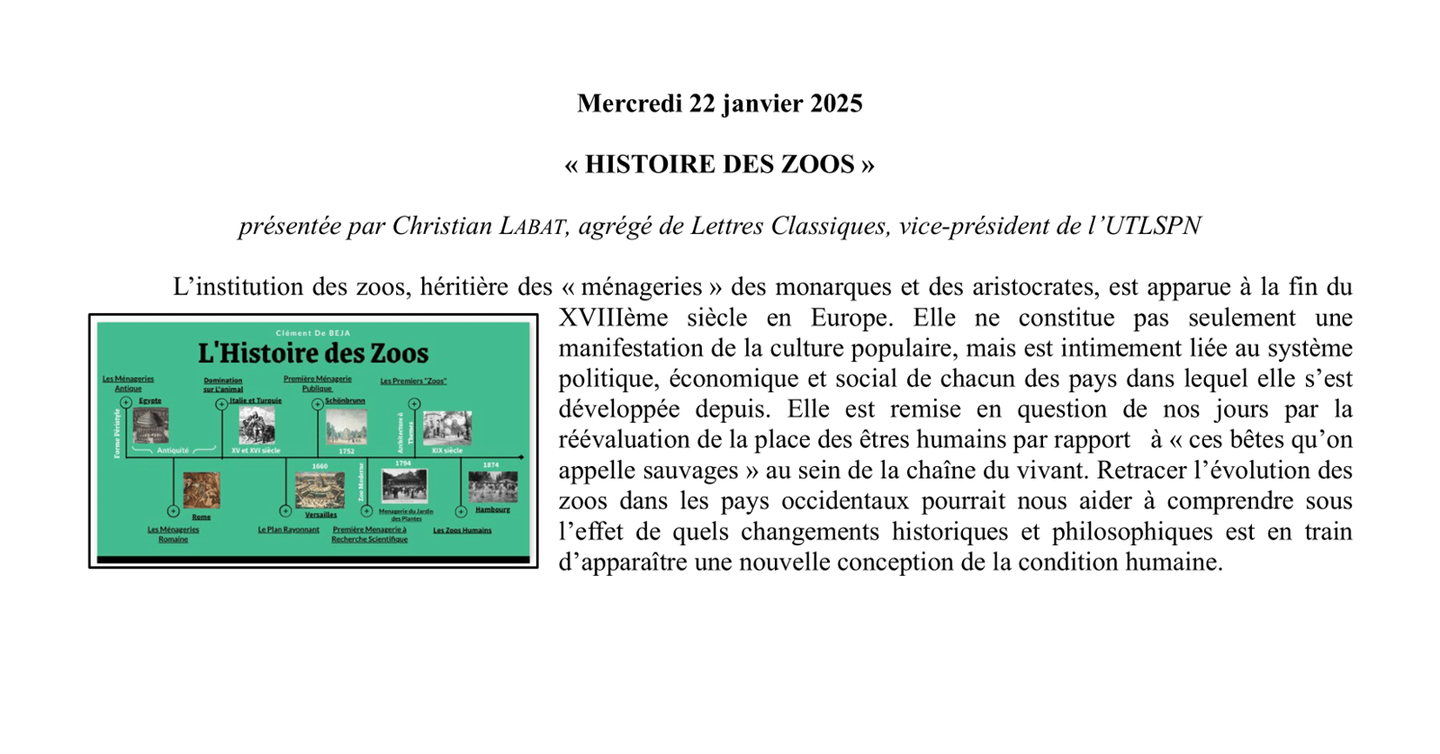 Conférence UTL : « HISTOIRE DES ZOOS »